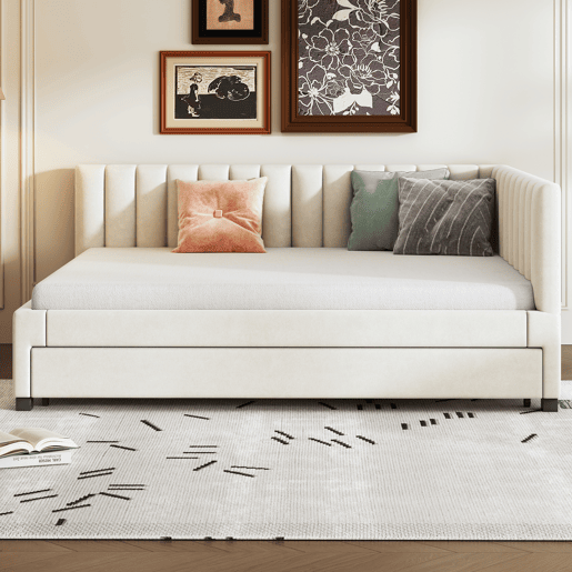 Divã estofado 140x200 cm - com cama com gavetão 90x190cm - tecido de veludo - Bege