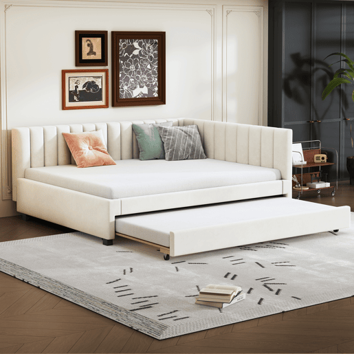 Divã estofado 140x200 cm - com cama com gavetão 90x190cm - tecido de veludo - Bege