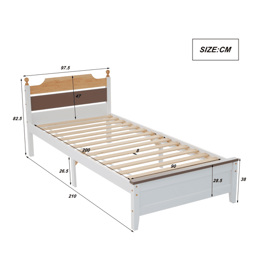 Cama de solteiro de madeira de pinho e mdf 90x200cm,branco