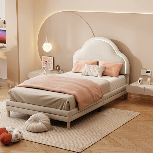 Cama de criança de veludo 90x200cm com luz led,bege