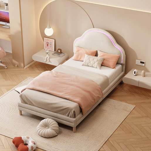 Cama de criança de veludo 90x200cm com luz led,bege