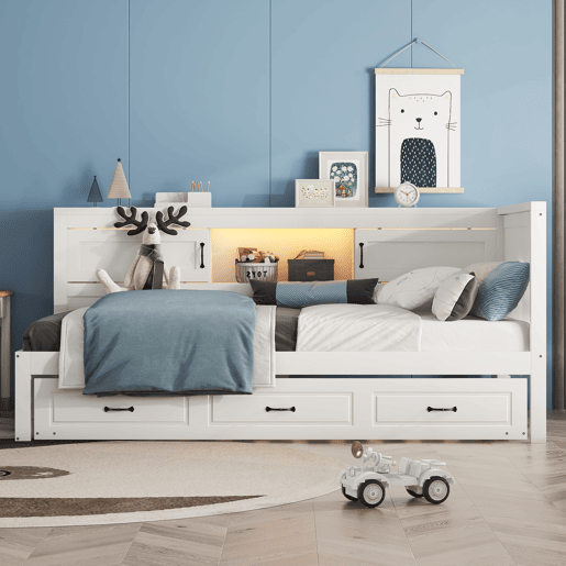 Divã 90x200cm com LED e tomadas - com cama com gavetão 90x190cm - Branco Divã 90x200cm com LED e tomadas - com cama com gavetão 90x190cm - Branco