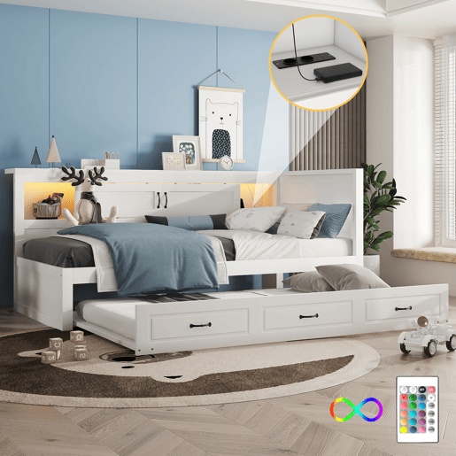 Divã 90x200cm com LED e tomadas - com cama com gavetão 90x190cm - Branco Divã 90x200cm com LED e tomadas - com cama com gavetão 90x190cm - Branco