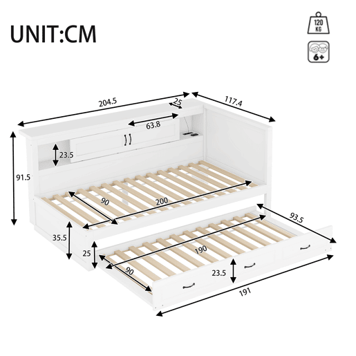 Divã 90x200cm com LED e tomadas - com cama com gavetão 90x190cm - Branco Divã 90x200cm com LED e tomadas - com cama com gavetão 90x190cm - Branco