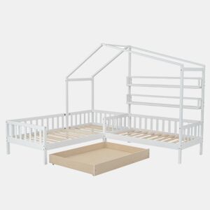Cama de criança,cama-casa,cama dupla de madeira maciça e mdf 90x200(70x140)cm com 1 gaveta,branco