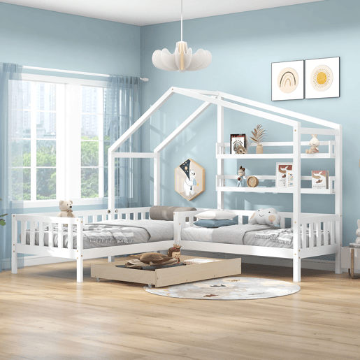Cama de criança,cama-casa,cama dupla de madeira maciça e mdf 90x200(70x140)cm com 1 gaveta,branco Cama de criança,cama-casa,cama dupla de madeira maciça e mdf 90x200(70x140)cm com 1 gaveta,branco