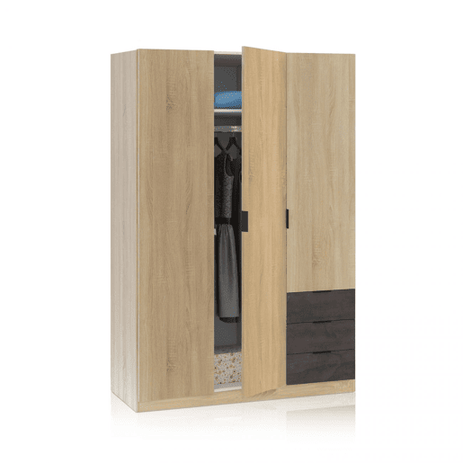 Roupeiro Hexa 3 portas 3 gavetas Carvalho canadiano - Ferrugem 121 x 180 x 52 cm