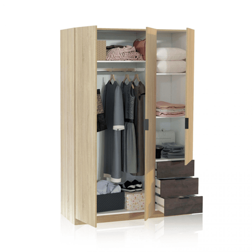 Roupeiro Hexa 3 portas 3 gavetas Carvalho canadiano - Ferrugem 121 x 180 x 52 cm