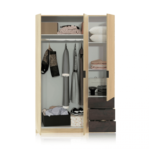 Roupeiro Hexa 3 portas 3 gavetas Carvalho canadiano - Ferrugem 121 x 180 x 52 cm