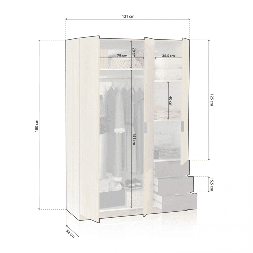 Roupeiro Hexa 3 portas 3 gavetas Carvalho canadiano - Ferrugem 121 x 180 x 52 cm