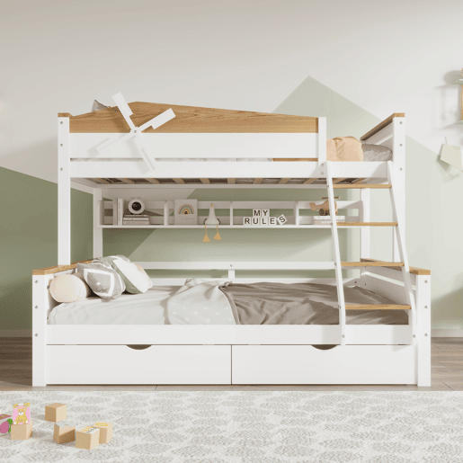 Beliche 90x200cm e 140x200cm - com escada, prateleiras e 2 gavetas - madeira de pinho e MDF - Branco