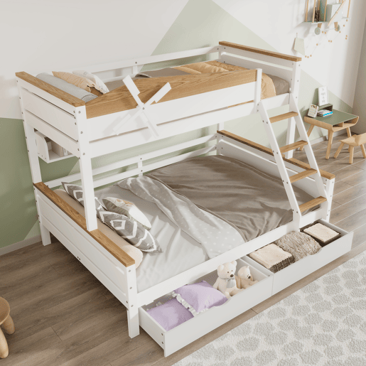 Beliche 90x200cm e 140x200cm - com escada, prateleiras e 2 gavetas - madeira de pinho e MDF - Branco