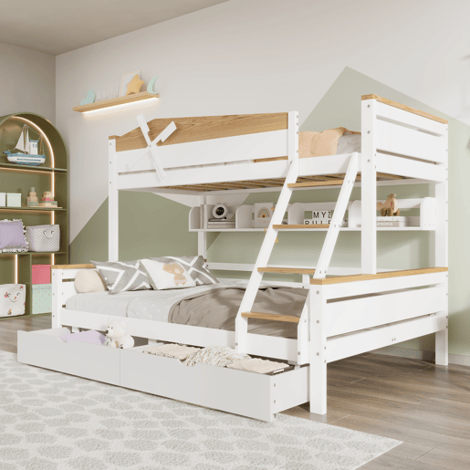 Beliche 90x200cm e 140x200cm - com escada, prateleiras e 2 gavetas - madeira de pinho e MDF - Branco