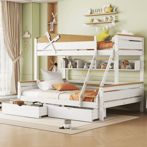 Beliche 90x200cm e 140x200cm - com escada, prateleiras e 2 gavetas - madeira de pinho e MDF - Branco