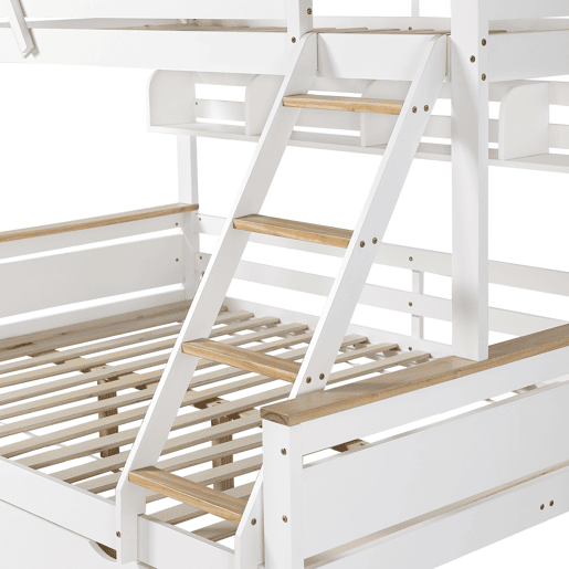Beliche 90x200cm e 140x200cm - com escada, prateleiras e 2 gavetas - madeira de pinho e MDF - Branco