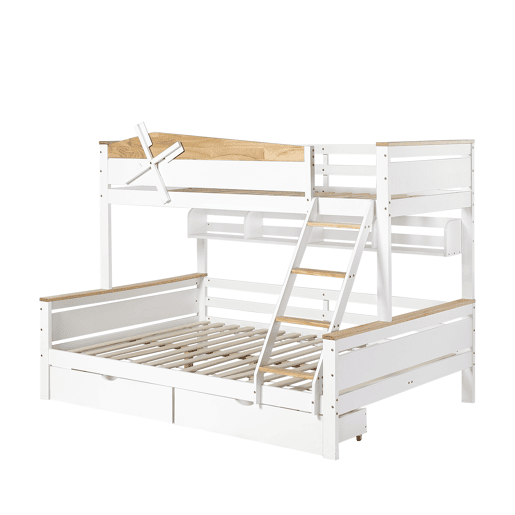Beliche 90x200cm e 140x200cm - com escada, prateleiras e 2 gavetas - madeira de pinho e MDF - Branco