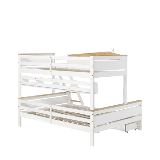 Beliche 90x200cm e 140x200cm - com escada, prateleiras e 2 gavetas - madeira de pinho e MDF - Branco