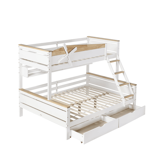 Beliche 90x200cm e 140x200cm - com escada, prateleiras e 2 gavetas - madeira de pinho e MDF - Branco