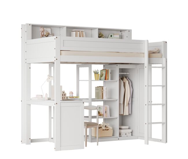 Cama infantil,cama alta de madera de pino y mdf 90x200cm con mesa,armario,estante,escalera y protección contra caídas,blanco