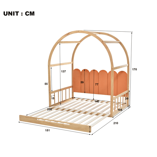 Cama de criança,cama extensível de madeira de pinho e mdf 140x200(140x100)cm,natural