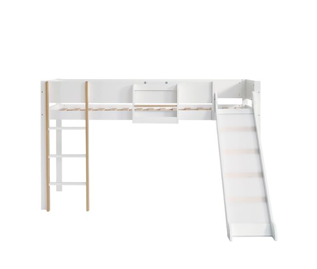 Cama infantil,cama alta de madera de pino y mdf 90x200cm con tobogán,estante extraíble,escalera y protección contra caídas,blanco