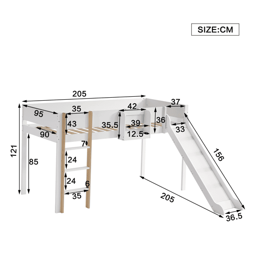 Cama de criança,cama alta de madeira de pinho e mdf 90x200cm,branco