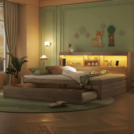 Divã de 140x200cm com cama com gavetão de 90x190cm - mesa de cabeceira com arrumação, LED e tomadas - Natruel