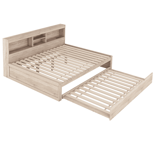 Divã de 140x200cm com cama com gavetão de 90x190cm - mesa de cabeceira com arrumação, LED e tomadas - Natruel