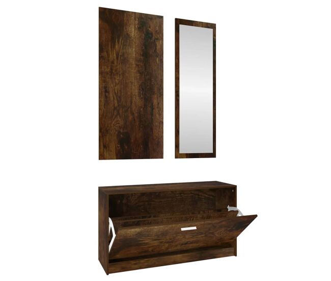 Vidaxl set mueble zapatero 3 en 1 madera contrachapada roble ahumado