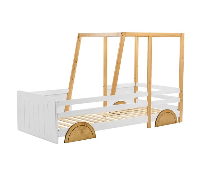 Cama infantil de madera de pino 90x200cm con ruedas de mdf,en forma de coche,blanco+natural