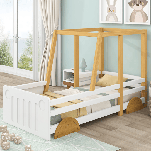 Cama de criança de madeira de pinho 90x200cm,branco+natural