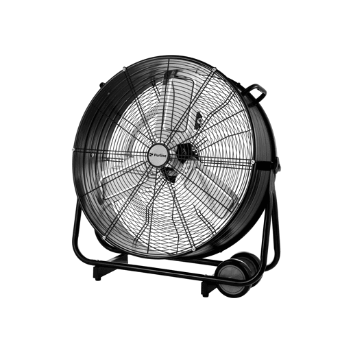 Ventilador de chão industrial com pás de alumínio. Corpo metálico. Motor de filamento de cobre. Com rodas. Diâmetro das pás 60cm.