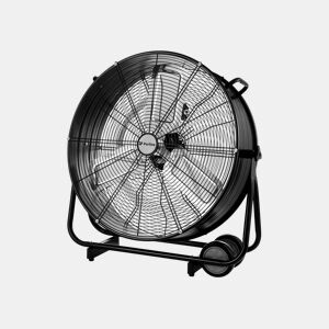 Ventilador de chão industrial com pás de alumínio. Corpo metálico. Motor de filamento de cobre. Com rodas. Diâmetro das pás 60cm.