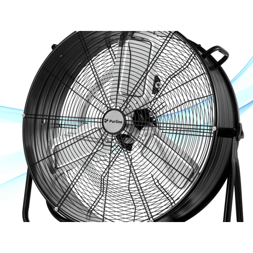 Ventilador de chão industrial com pás de alumínio. Corpo metálico. Motor de filamento de cobre. Com rodas. Diâmetro das pás 60cm.