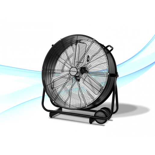 Ventilador de chão industrial com pás de alumínio. Corpo metálico. Motor de filamento de cobre. Com rodas. Diâmetro das pás 60cm.