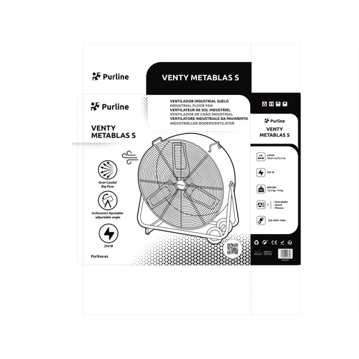 Ventilador de chão industrial com pás de alumínio. Corpo metálico. Motor de filamento de cobre. Com rodas. Diâmetro das pás 60cm.