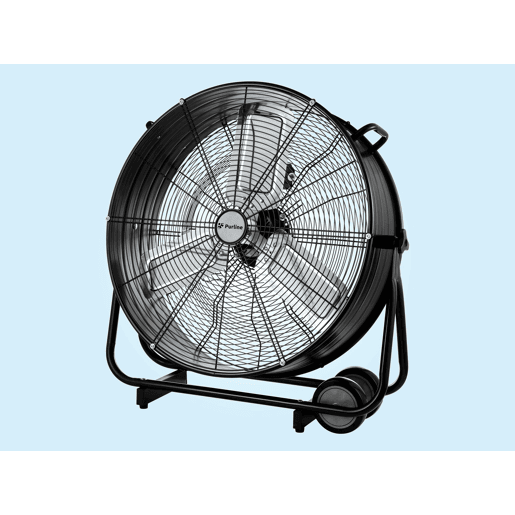 Ventilador de chão industrial com pás de alumínio. Corpo metálico. Motor de filamento de cobre. Com rodas. Diâmetro das pás 60cm.