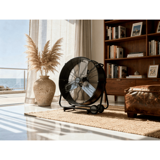 Ventilador de chão industrial com pás de alumínio. Corpo metálico. Motor de filamento de cobre. Com rodas. Diâmetro das pás 60cm.