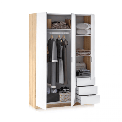Roupeiro Hexa 3 portas 3 gavetas Artik White (Branco mate) - Carvalho canadiano 121 x 180 x 52 cm