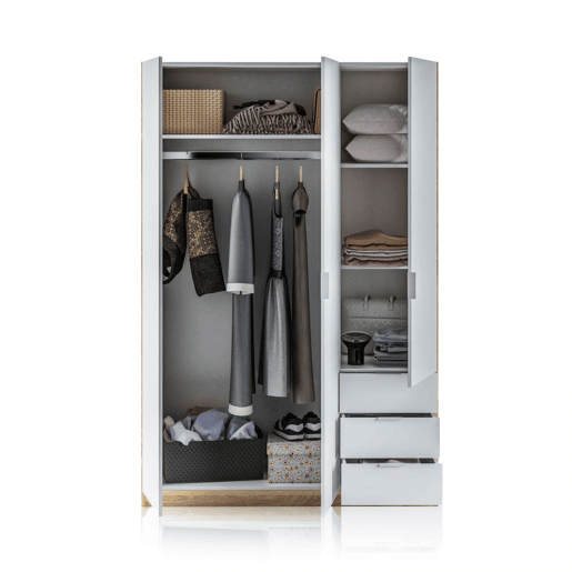 Roupeiro Hexa 3 portas 3 gavetas Artik White (Branco mate) - Carvalho canadiano 121 x 180 x 52 cm