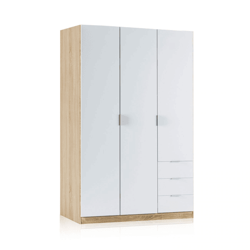 Roupeiro Hexa 3 portas 3 gavetas Artik White (Branco mate) - Carvalho canadiano 121 x 180 x 52 cm