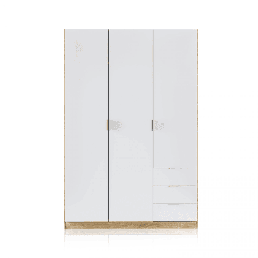 Roupeiro Hexa 3 portas 3 gavetas Artik White (Branco mate) - Carvalho canadiano 121 x 180 x 52 cm