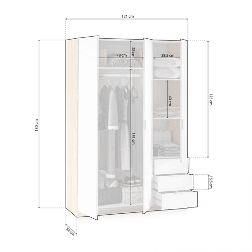 Roupeiro Hexa 3 portas 3 gavetas Artik White (Branco mate) - Carvalho canadiano 121 x 180 x 52 cm