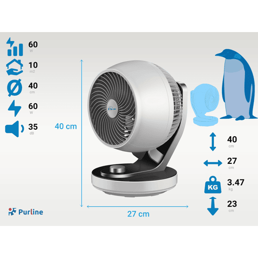 Ventilador de 60W de chão ou de mesa com 3 lâminas. Inclui 3 velocidades para adaptar a intensidade do fluxo (baixa NoiteEco média-Normal e alta Turbo), um sistema automático de oscilação horizontal com inclinação ajustável e uma grelha de protecção.