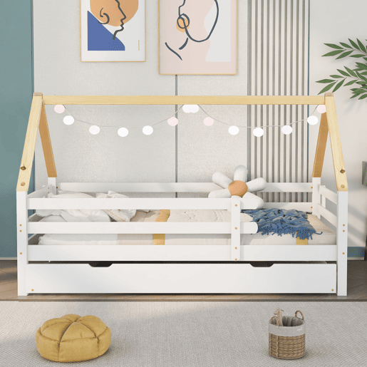 Cama com gavetão 90x200cm com estrado de ripas - cama de cabina em madeira maciça - Branco