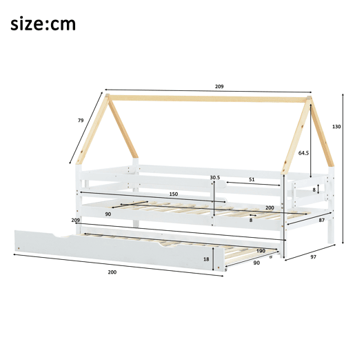 Cama com gavetão 90x200cm com estrado de ripas - cama de cabina em madeira maciça - Branco