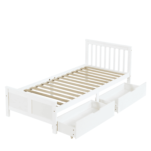 Cama de solteiro de madeira de pinho 90x200cm com 2 gavetas,branco