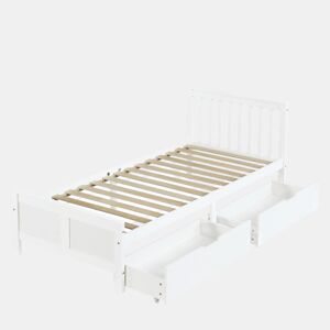 Cama de solteiro de madeira de pinho 90x200cm com 2 gavetas,branco