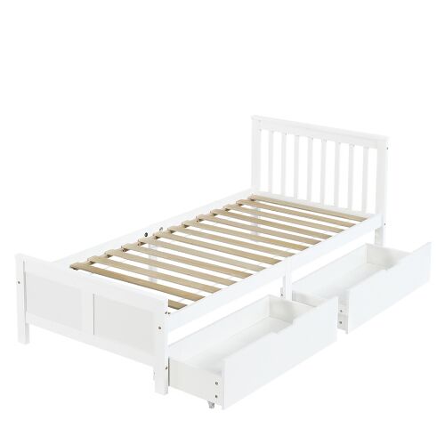 Cama individual de madera de pino 90x200cm con 2 cajones,blanco
