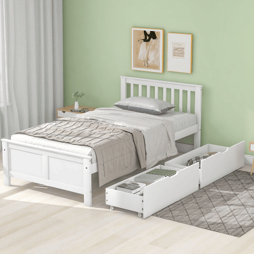 Cama de solteiro de madeira de pinho 90x200cm com 2 gavetas,branco